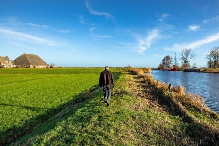 Foto van man die door veenweidelandschap loopt